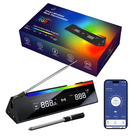 Aurasky Smart Wireless Meat Thermometer with Interactive RGB, 1050ft Range, 0.9 Accuracy, IPX8 Waterproof, Standalone LCD Base,72Hr Monitoring for Grill, Smoker, Sous Vide, Rotisserie, Turkey