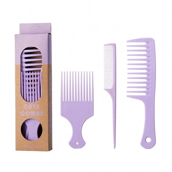 Aurawand 3 Pack Hair Combs Set, Wheat Straw Material, Anti-Static Detangling Comb Set for Wet or Dry Hair, Afro Pick Gentle on Scalp, Travel Size, Purple