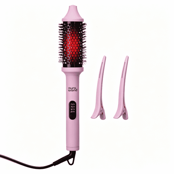 Aurawand Infrared Thermal Styling Brush, 55W Fast Heating Blowout Brush, Adjustable Temps with LED Display, 1.5", Pink