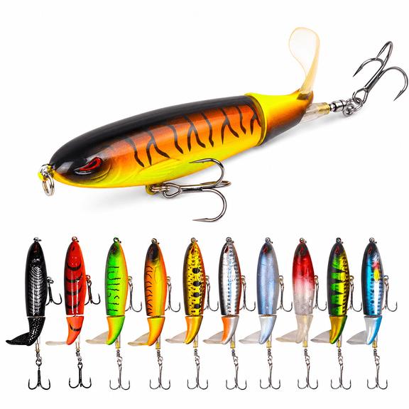 Aurelia 10 Pcs Fishing Lure,For Bass Popper Top Water Fishing Lures,With Floating Rotating Tail Barb Treble Hooks,Saltwater Freshwater Plopping Lures Kit