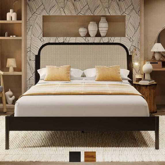 Aurelia 14 Inch Signature Bed Frame with Headboard - Bohemian & Mid Century Modern Style - Wood Slat Support - No Box Spring Needed - Easy Assembly - Black, Queen