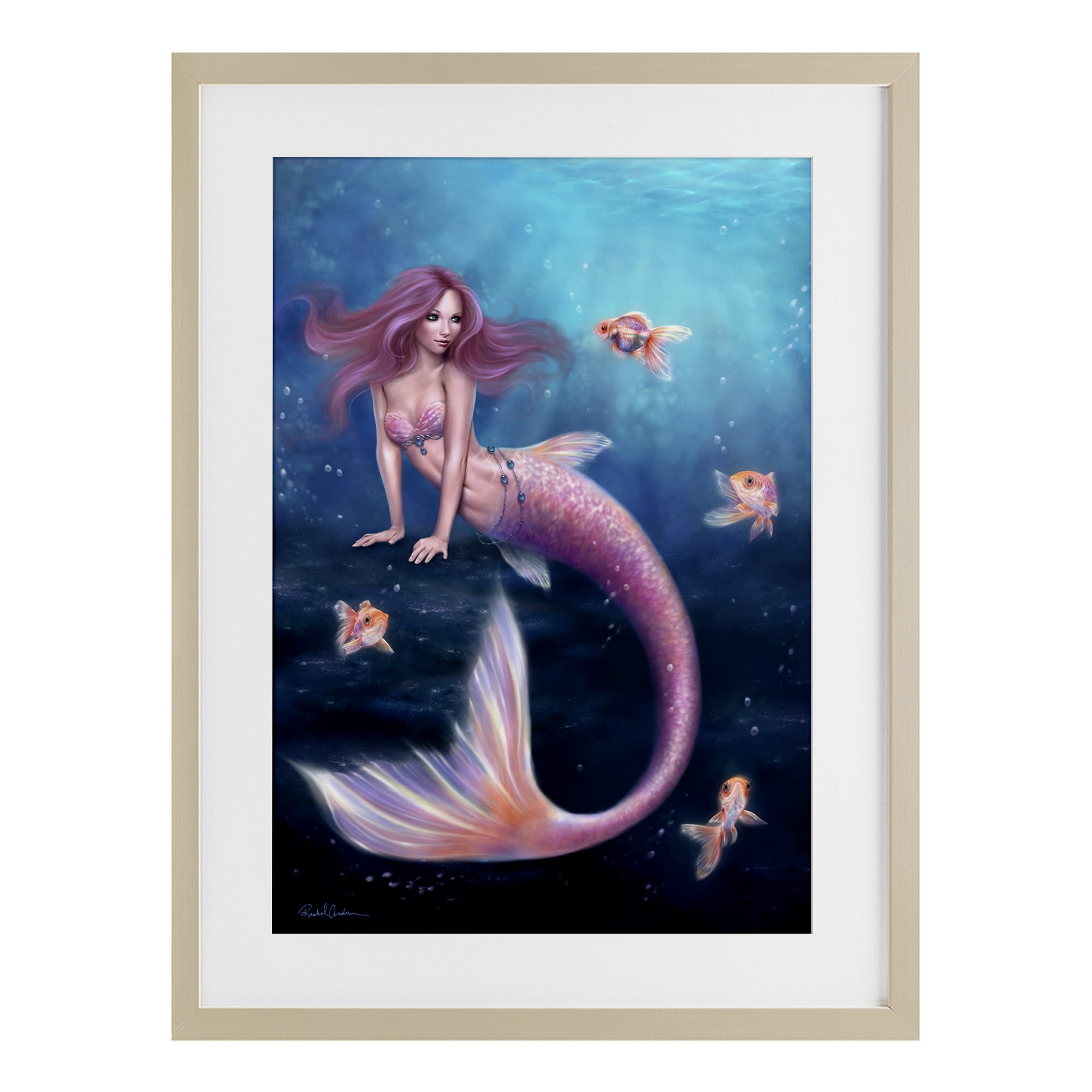 Aurelia Mermaid & Fish Birch Framed Print Under Glass, design by Rachel Anderson