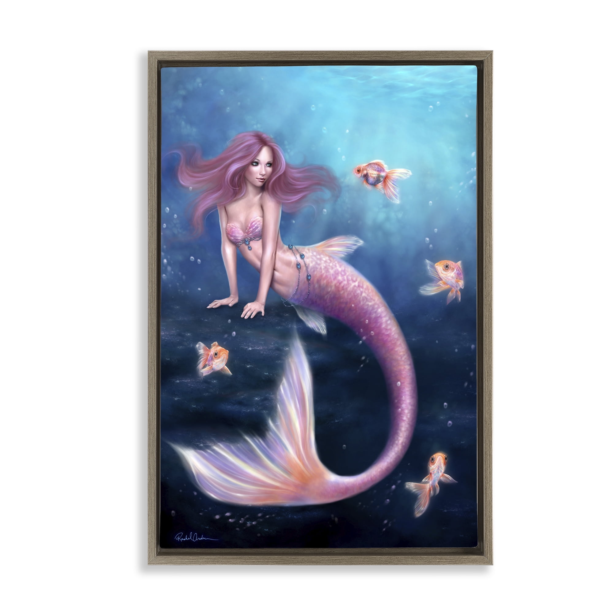 Aurelia Mermaid & Fish Brown Framed Floater Canvas Wall Art, design by Rachel Anderson