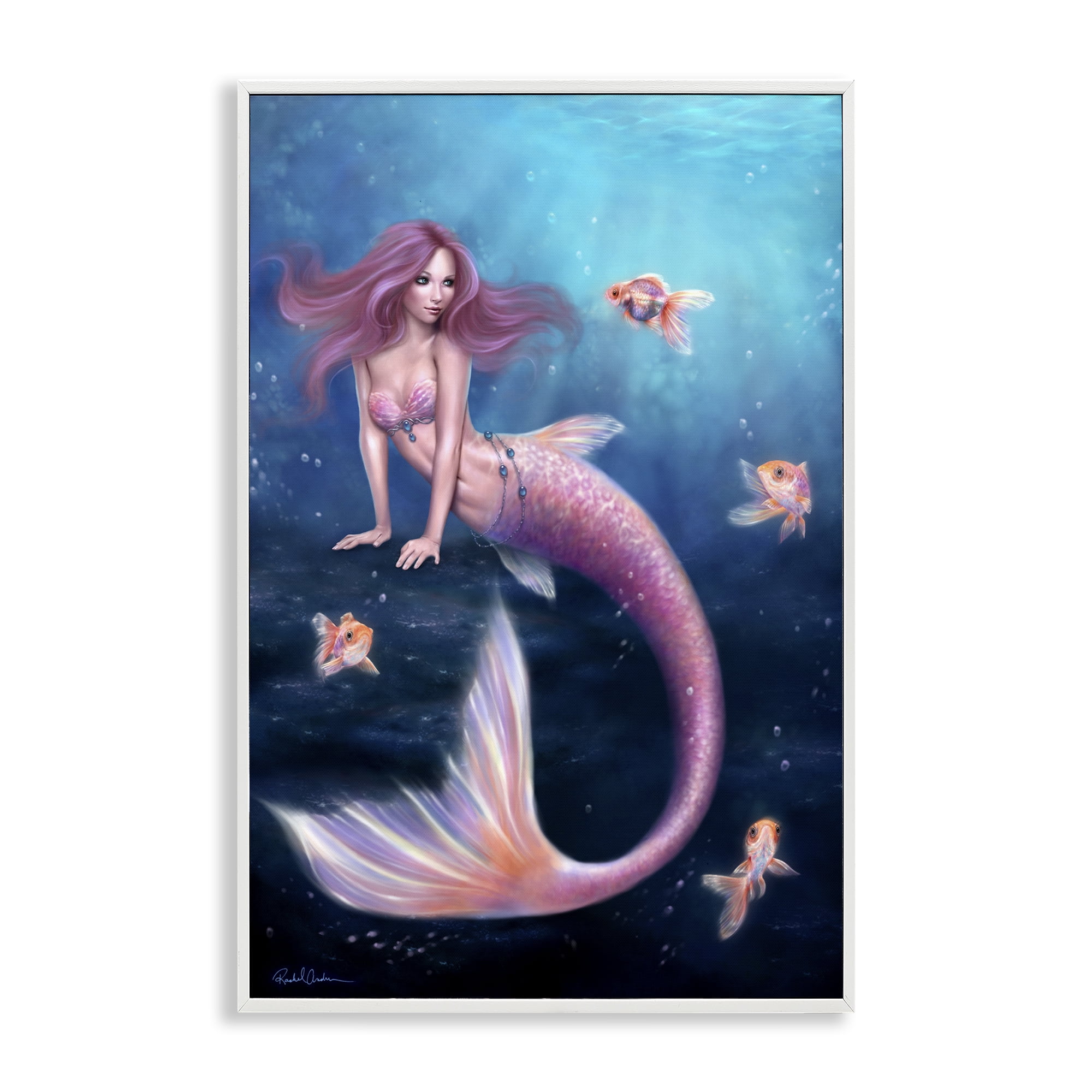 Aurelia Mermaid & Fish White Framed Giclee Art, design by Rachel Anderson