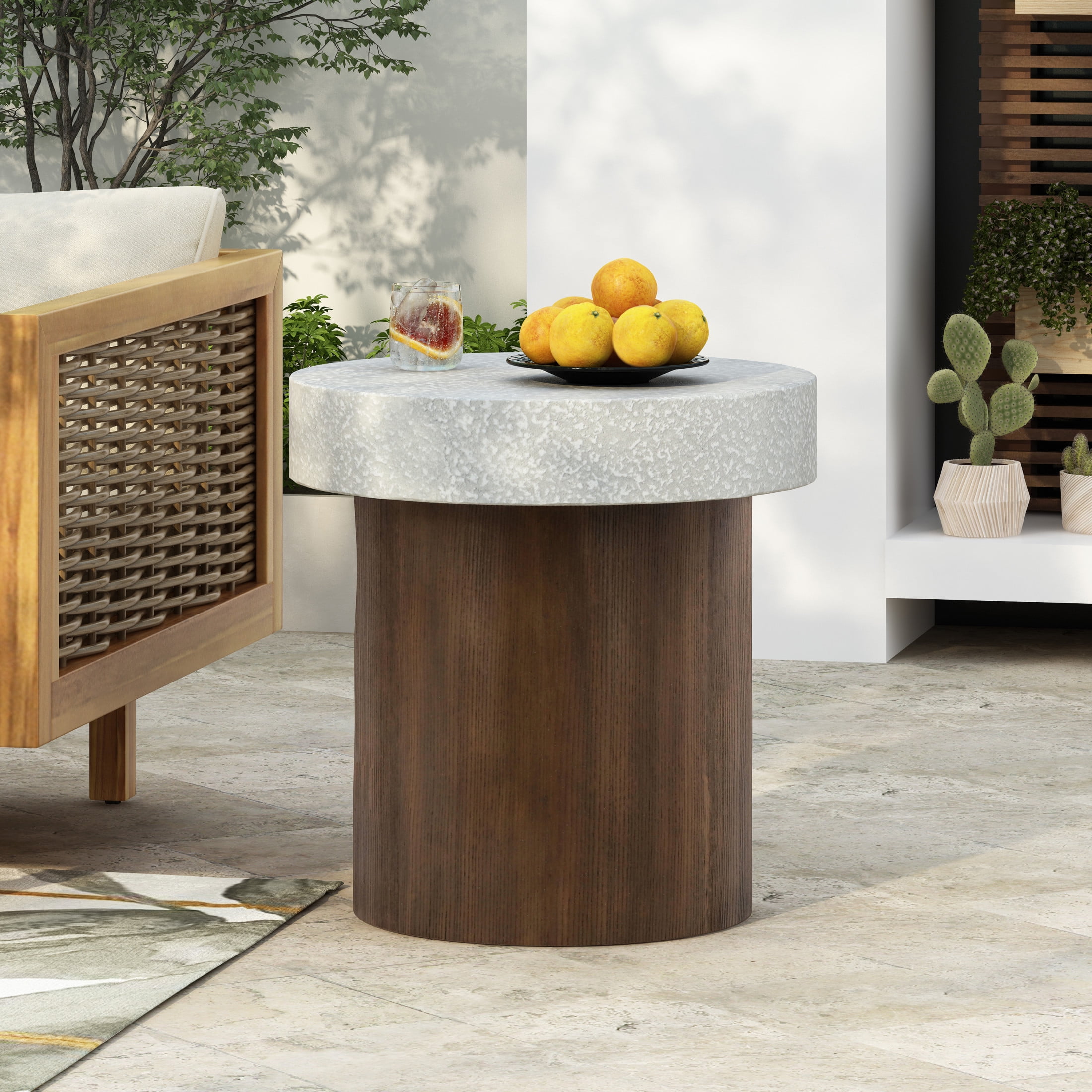 Aurelia Outdoor Patio Round Side Table, MGO, Antique White + Natural Wood Finish