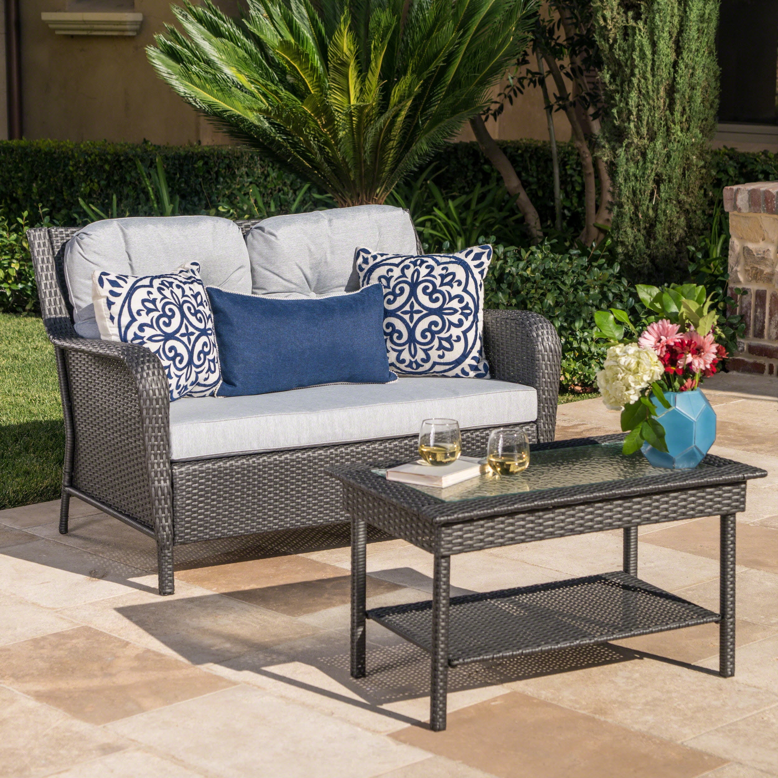 Aurelia Outdoor Wicker Loveseat and Coffee Table Set with Cushions