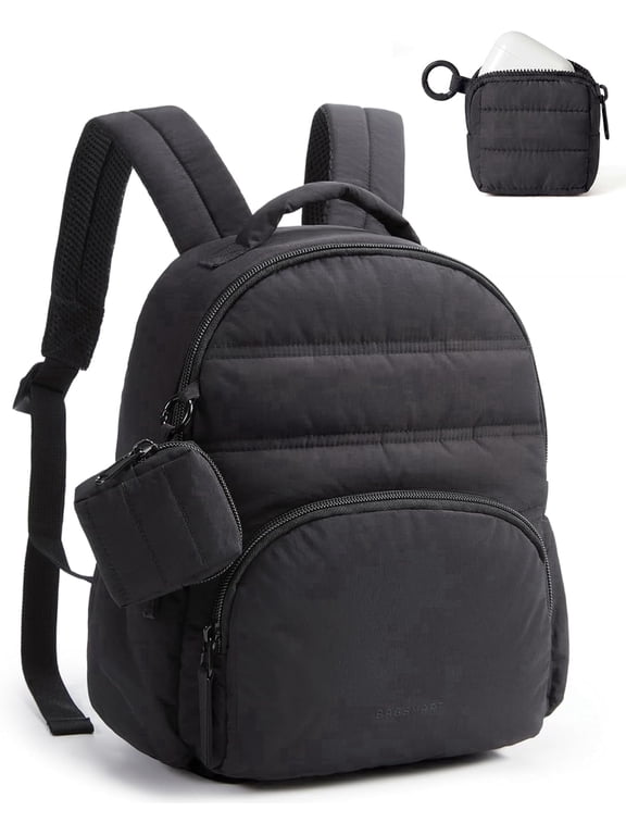 Small Backpacks for Women, Lightweight Puffer Mini Backpack Purse with Pouch, Water-Resistant Bookbag for Daily Travel College, Black