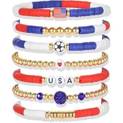 Aurelia World Soccer Game-day Cup Bracelet Stack Set 7pcs Softball/Baseball/Basketball/Soccer/Volleyball/Tennis/Football Stretch Sports Fans Jewelry Sports Beaded Bracelets with Charms