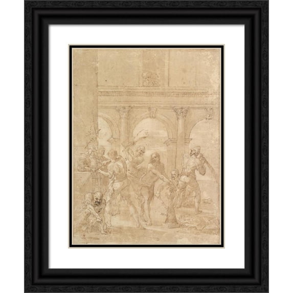 Aureliano Milani 12x14 Black Ornate Wood Framed Double Matted Museum Art Print Titled: Scourging of Christ (1700-1740)