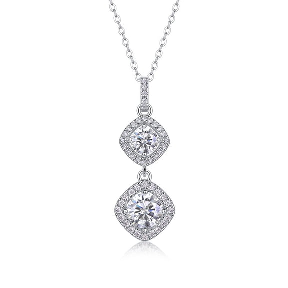 Aurelle Women's 1 Carat Moissanite Double Halo Pendant Necklace — D-Color VVS1 Round-Cut Lab-Grown Moissanite, 925 Sterling Silver Plated with 18K White Gold, Double Halo Drop Design
