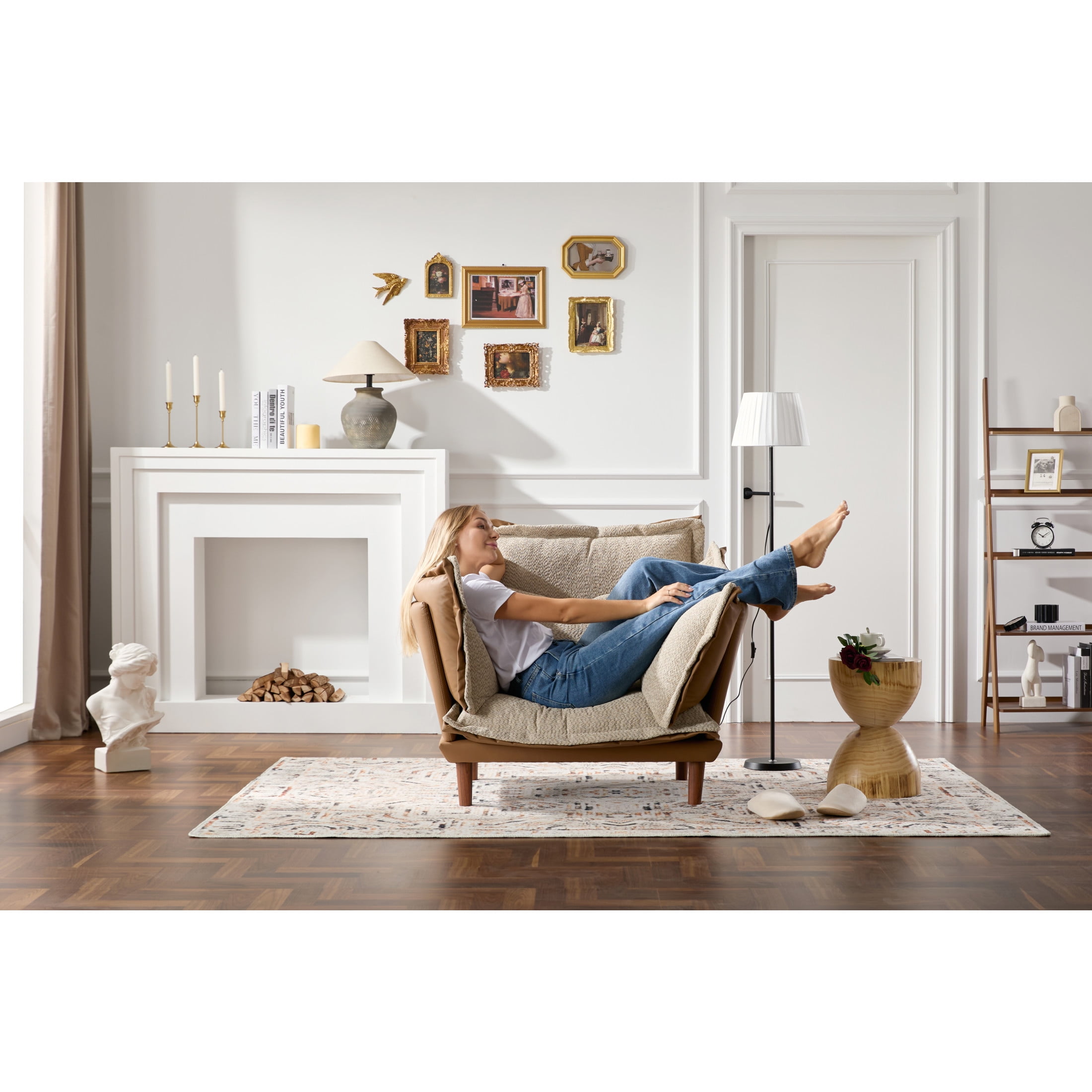 Aureth Modern Convertible Lounge Armchair with Reversible Upholstery, Feather-Filled Cushions, Orange