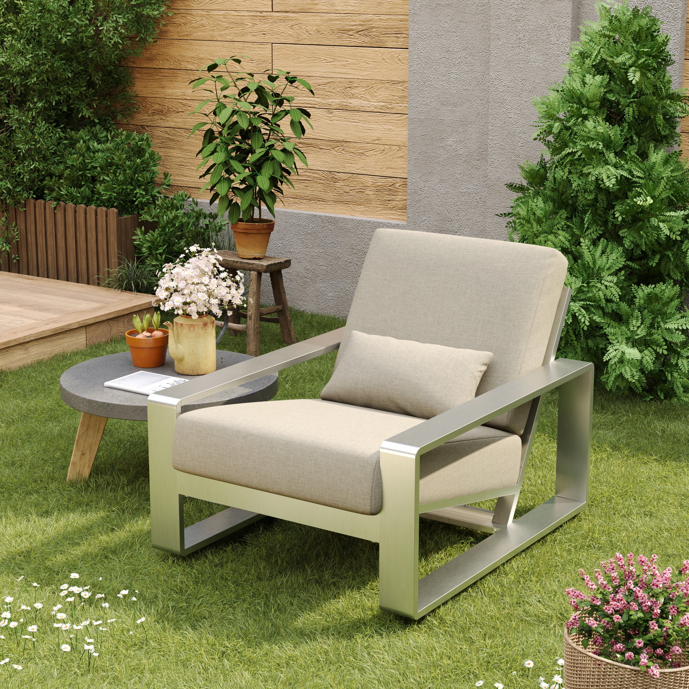 Aureth Outdoor Patio Lounge Chair with Lumbar Pillow, Aluminum, Silver+Beige