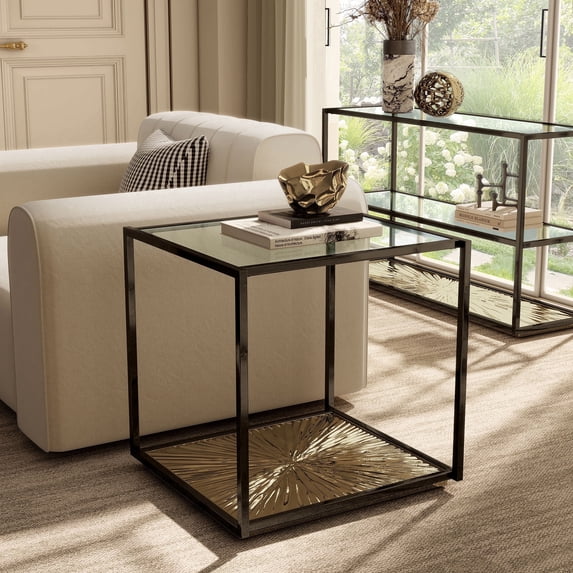 Aureum Modern 1-Shelf Metal End Table with Tempered Glass Top, Antique Gold