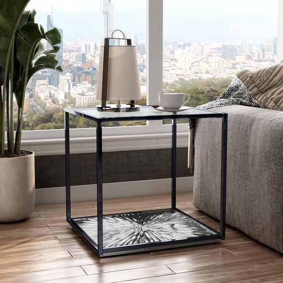 Aureum Modern 1-Shelf Metal End Table with Tempered Glass Top, Black Nickel