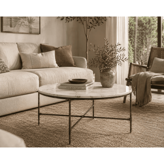 Aureum Modern Genuine Marble Top Coffee Table with Metal Frame, White and Dark Bronze