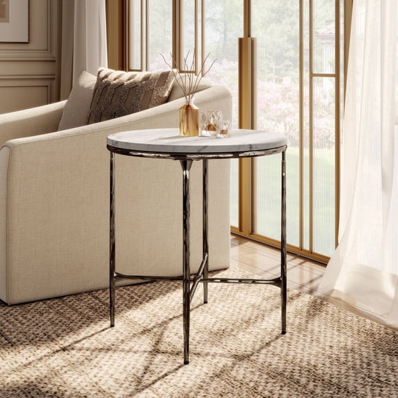 Aureum Modern Genuine Marble Top End Table with Metal Frame, White and Dark Bronze