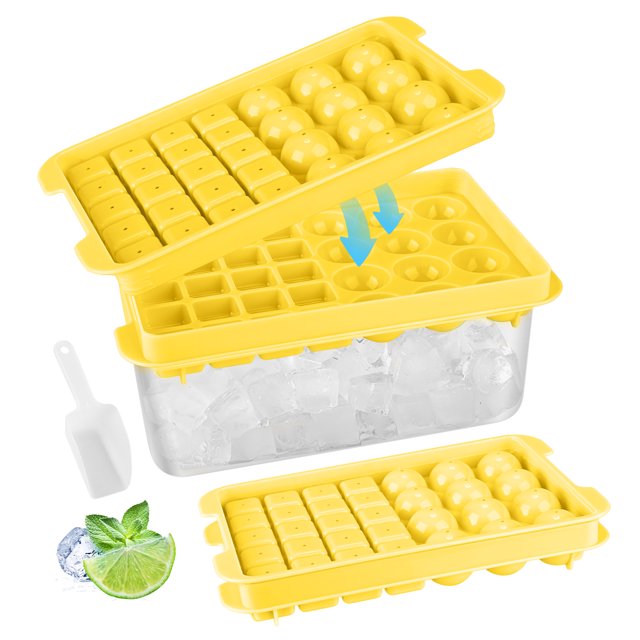 Aurevoir 64 Ice Cube Trays with Lid Bin Ice Cube Moulds 2 Tier with