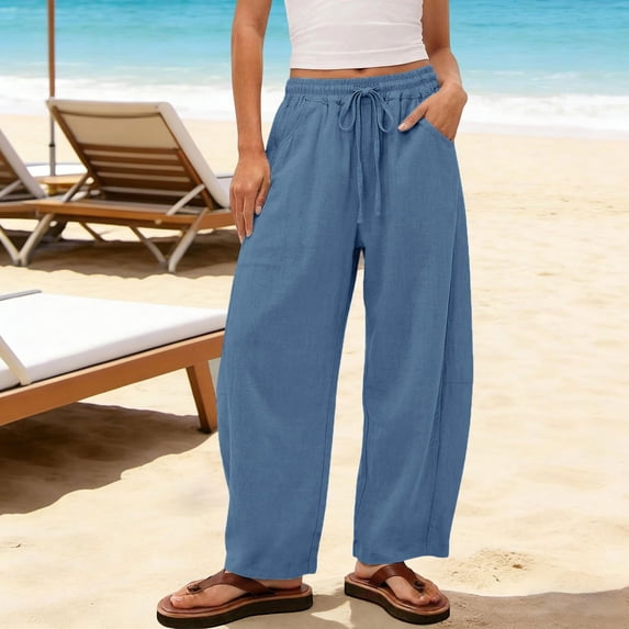 Aureweun Wide Leg Pants Women Elastic Waist Drawstring Linen Pants Flowy Lounge Pants Lightweight Casual Pants with Pockets Summer Beach Vacation Clothes XXL