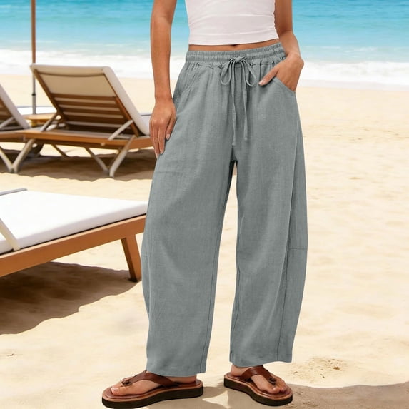 Aureweun Wide Leg Pants Women Elastic Waist Drawstring Linen Pants Flowy Lounge Pants Lightweight Casual Pants with Pockets Summer Beach Vacation Clothes L