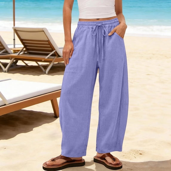 Aureweun Wide Leg Pants for Women Elastic Waist Drawstring Linen Pants Flowy Casual Lounge Pants Summer Beach Pants with Pockets S