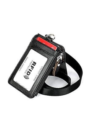 Genuine Leather Minimalist Wallet Card Holder, ID Badge Holder with Lanyard & Zipped Coin Pocket, RFID Protection