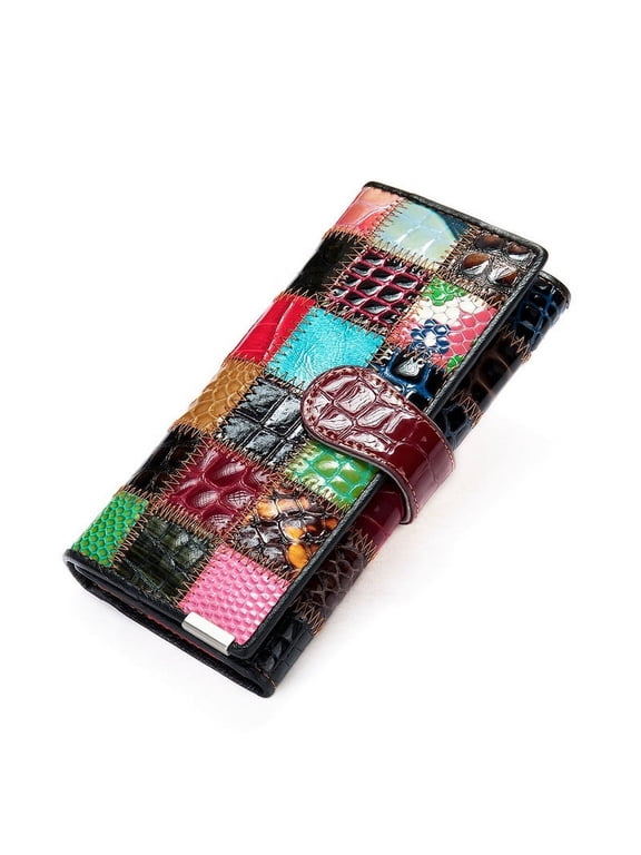 Trifold Women's Patent Leather Colorblock Clutch Wallet, Square