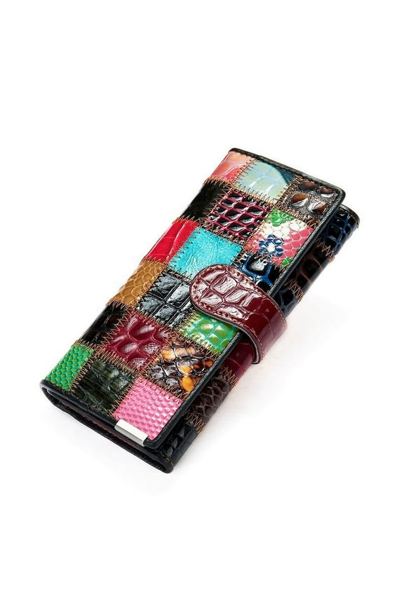 Trifold Women's Patent Leather Colorblock Clutch Wallet, Square