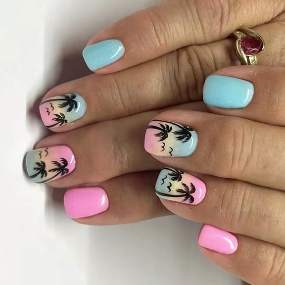 Aurgiarme 24 Pcs Coconuts Tree Stick on Nails Gradients Artificial Nails Short Square False Nails Glossy Press On Nails for Woman