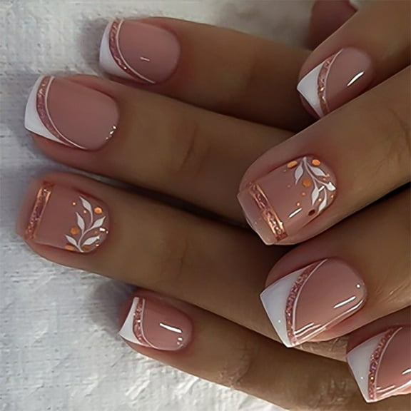 Aurgiarme 24 Pcs French Tip Full Covers False Nails Leaf Press On Nails Short Square Stick On Nails Acrylic Nails for Daily