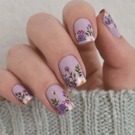 Aurgiarme 24 Pcs Glossy Full Covers Stick on Nails Short Square False Nails Lovely Flowers Press On Nails Reusable Artificial Nails