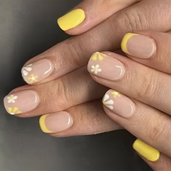 Aurgiarme 24 Pcs Yellow French Tip Stick On Nails Glossy False Nails Short Square Press On Nails Flowers Artificial Acrylic Nails