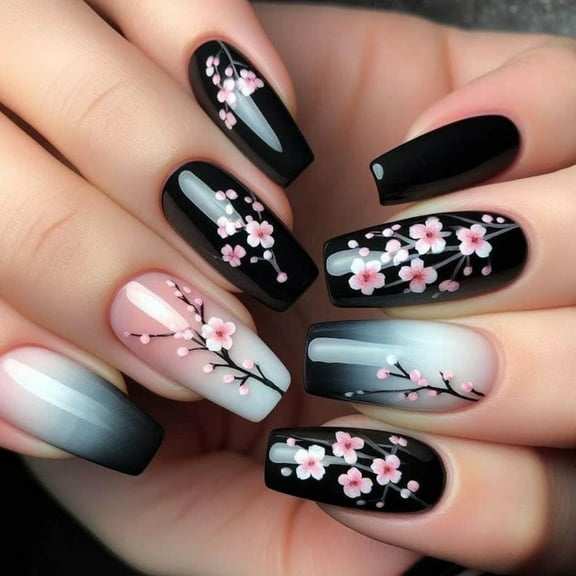 Aurgiarme 24 Pieces Fall Flower Press on Nails Coffin False Nails Glossy Acrylic Nails Winter Stick on Nails for Women Girls