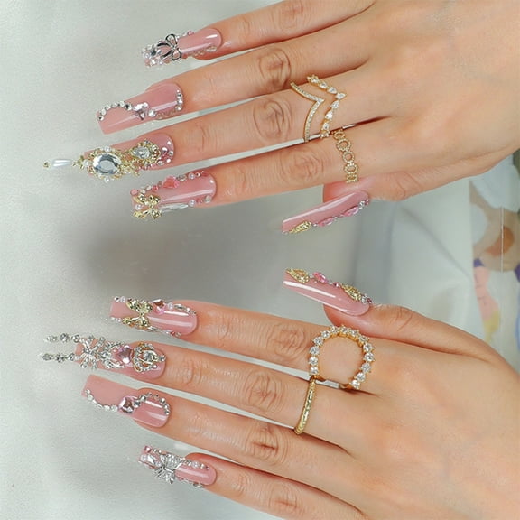 Aurgiarme 24 Pieces Long Square Press On Nails With 3D Bows and Rhinestones Designs False Nails Sparkling Stick on Nails