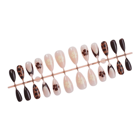 Aurgiarme 24Pcs Glossy French Tip Almond Faux Nails with Animal Dots Flower Pattern Easy Press On Nails for Parties and Daily Wear