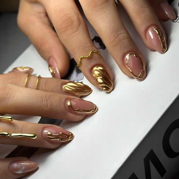 Aurgiarme 24Pcs Short Almond Gold False Nails With Stylish Designs Easy To Apply Full Covers Artificial Nails For Women And Girls
