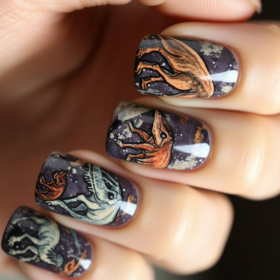 Aurgiarme 24Pcs Unique Glitters Dinosaur Nails Tips Press on Nails Manicure False Nails for Stylish Independence Day Celebrations
