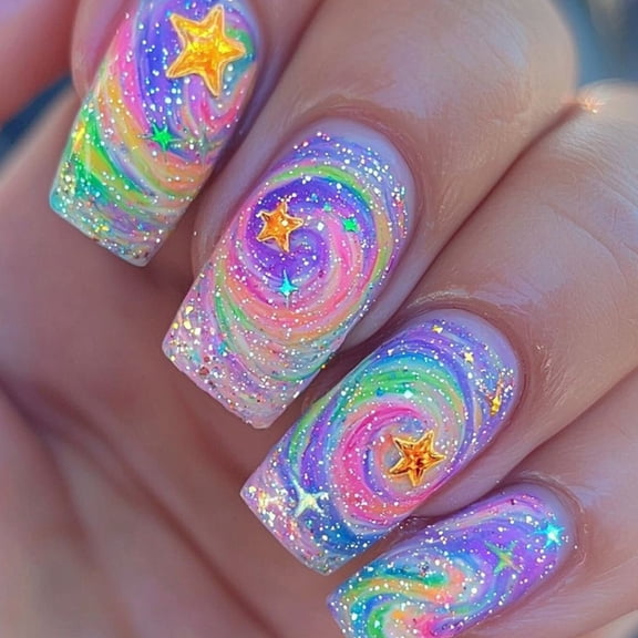 Aurgiarme 24x Glittering Press On Nails Gradients False Nails Acrylic Nails Star Full Covers Stick On Nails Long Artificial Nails