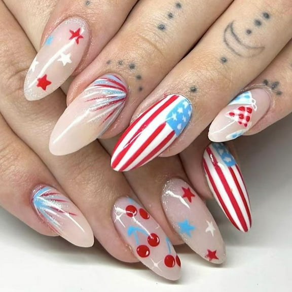 Aurgiarme 24x Mediums Almond Full Covers False Nails Flags Day Stick on Nails Independence Day Press On Nails Manicures Supplies