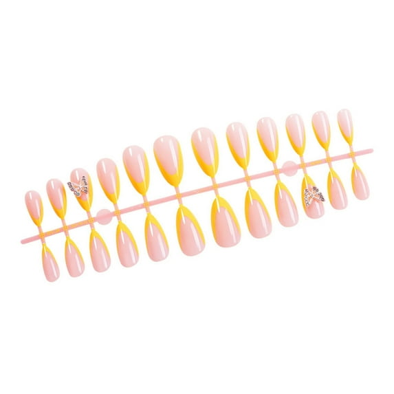 Aurgiarme 24x Yellow French Tip Full Covers False Nails Butterfly Press On Nails Almond Shape Stick On Nails Acrylic Nails
