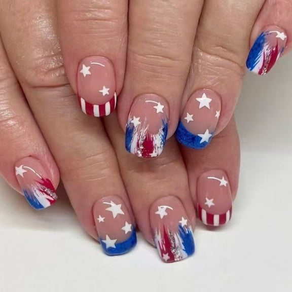 Aurgiarme 4th of July Glues on Nails Short Square Fake Nails Independence Day French Tip Press on Nails Artificial Acrylic Nails