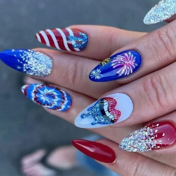Aurgiarme 4th of July Press on Nails Almond French Tip Fake Nails Independence False Nails with Red Blue Glitters Stick on Nails