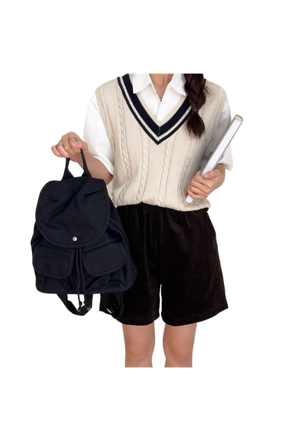 Casual Womens Canvas Backpack Stylish Korean Flap Drawstring School Bag Solid Color Daypack with Spacious Compartments