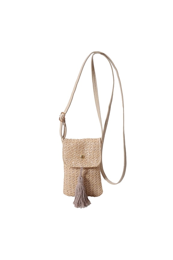 Multipurpose Small Shoulder Bag for Women Elegant Beach Vacation Woven Straw Flap Phone Bag Crossbody Purse with Tassels