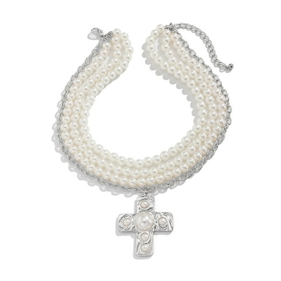 Aurgiarme Practical Pearls Embellished Elegant Gold Crosses Necklace Decoration for Women with Layer Statement Pieces Pendant