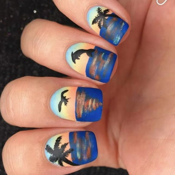 Aurgiarme Press on Nails French Tips Fake Nails Square False Nails with Sea Mew Sunset Designs Full Covers Artifical Acrylic Nails