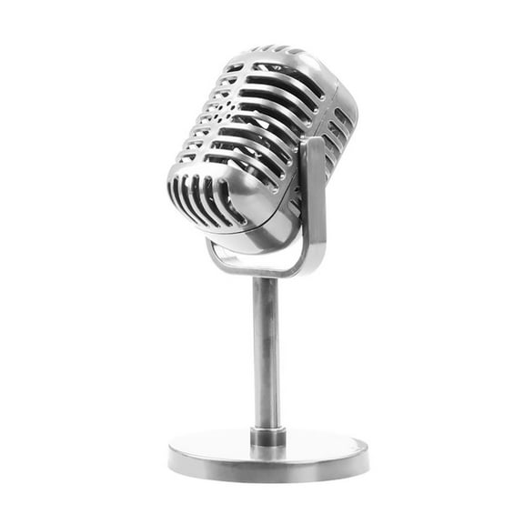 Aurgiarme Retro Styles Microphone Fake Vintage Microphone Model with Stand, Silver Antique Microphone Decorations