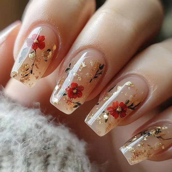 Aurgiarme Square Press On Nails Flower Fake Nails Glues On Nails Artificial Acrylic Nails 12 Size 24pcs Stick On Nails for Womens