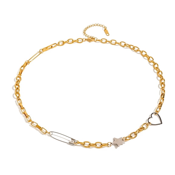 Aurgiarme Water Resistant Five-pointed Star Paper Clip Necklace Neckwear with Love Heart Charm in Gold Plated Stainless Steel