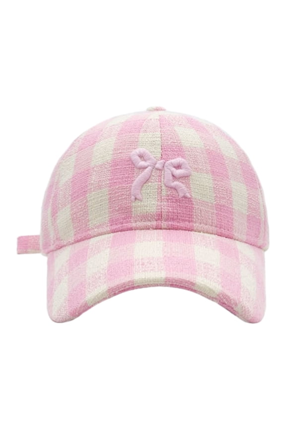 Women Vintage Checkered Baseball Cap Fits Girls Women Wide Brim Embroidery Bow Adjustable Cap Curved Brim