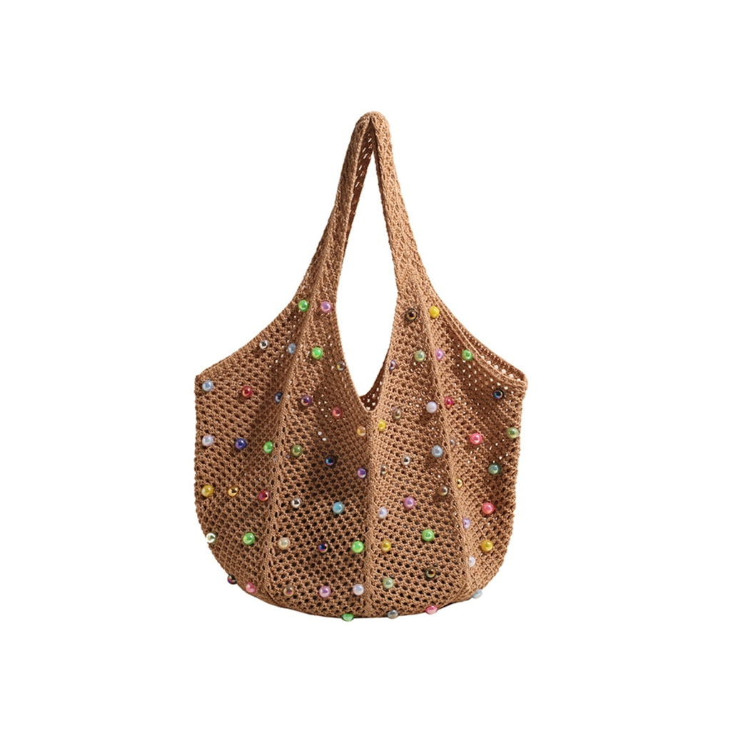 Aurgiarme Women's Crochet Beach Bag Knit Shoulder Bag with Beads Decoration Large Capacity Underarm Handbag for Outdoor